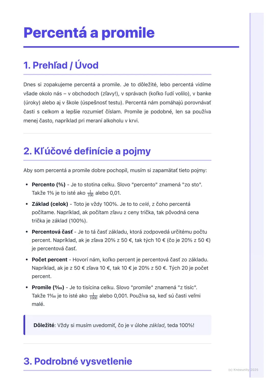 # Percentá a promile

1. Prehľad / Úvod

Dnes si zopakujeme percentá a promile. Je to dôležité, lebo percentá vidíme
všade okolo nás - v obc