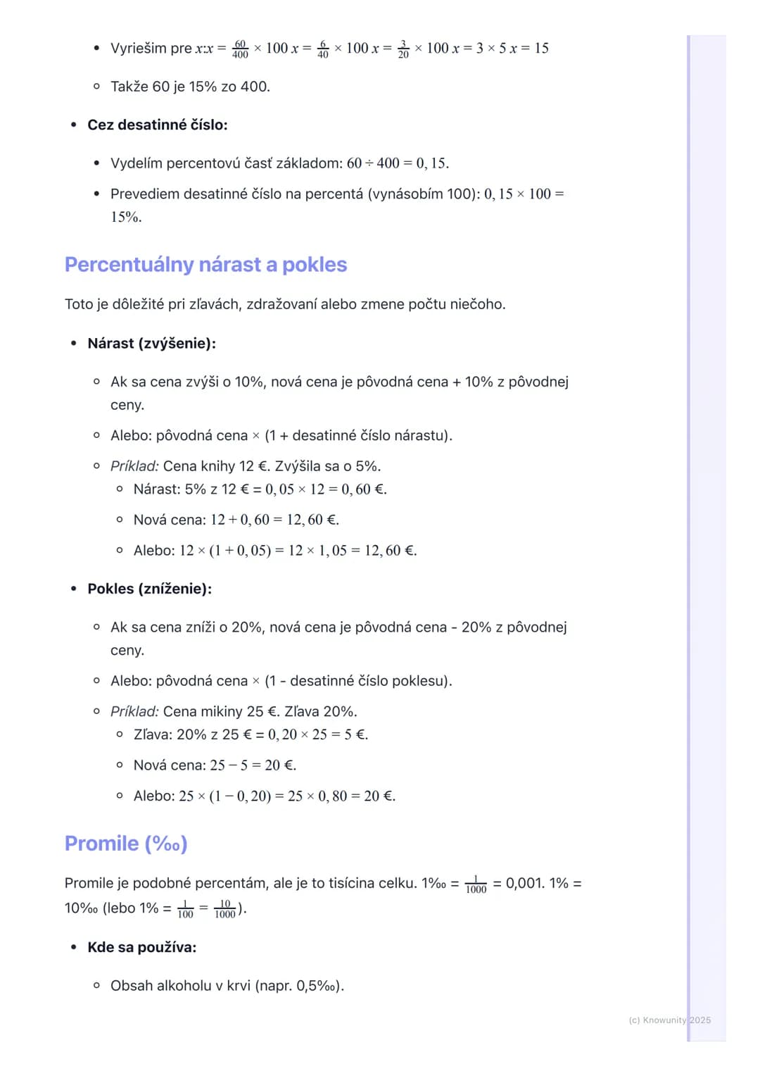 # Percentá a promile

1. Prehľad / Úvod

Dnes si zopakujeme percentá a promile. Je to dôležité, lebo percentá vidíme
všade okolo nás - v obc