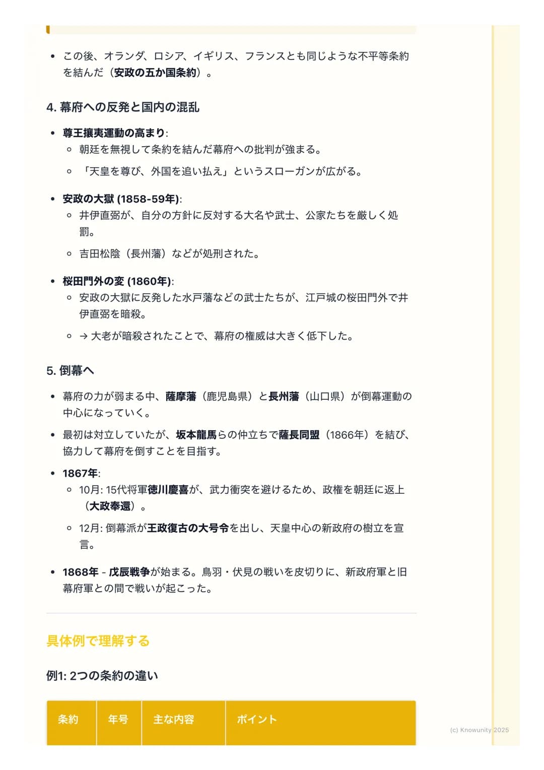 # 幕末の動乱と開国

幕末の動乱と開国

概要

江戸時代末期、200年以上続いた鎖国政策が終わって、日本が外国に港を開いた
時期。アメリカのペリーが黒船で来航したことが大きなきっかけになった。この
出来事によって幕府の力が弱まり、国内が大きく乱れて、最終的に江戸幕府が倒
れ、