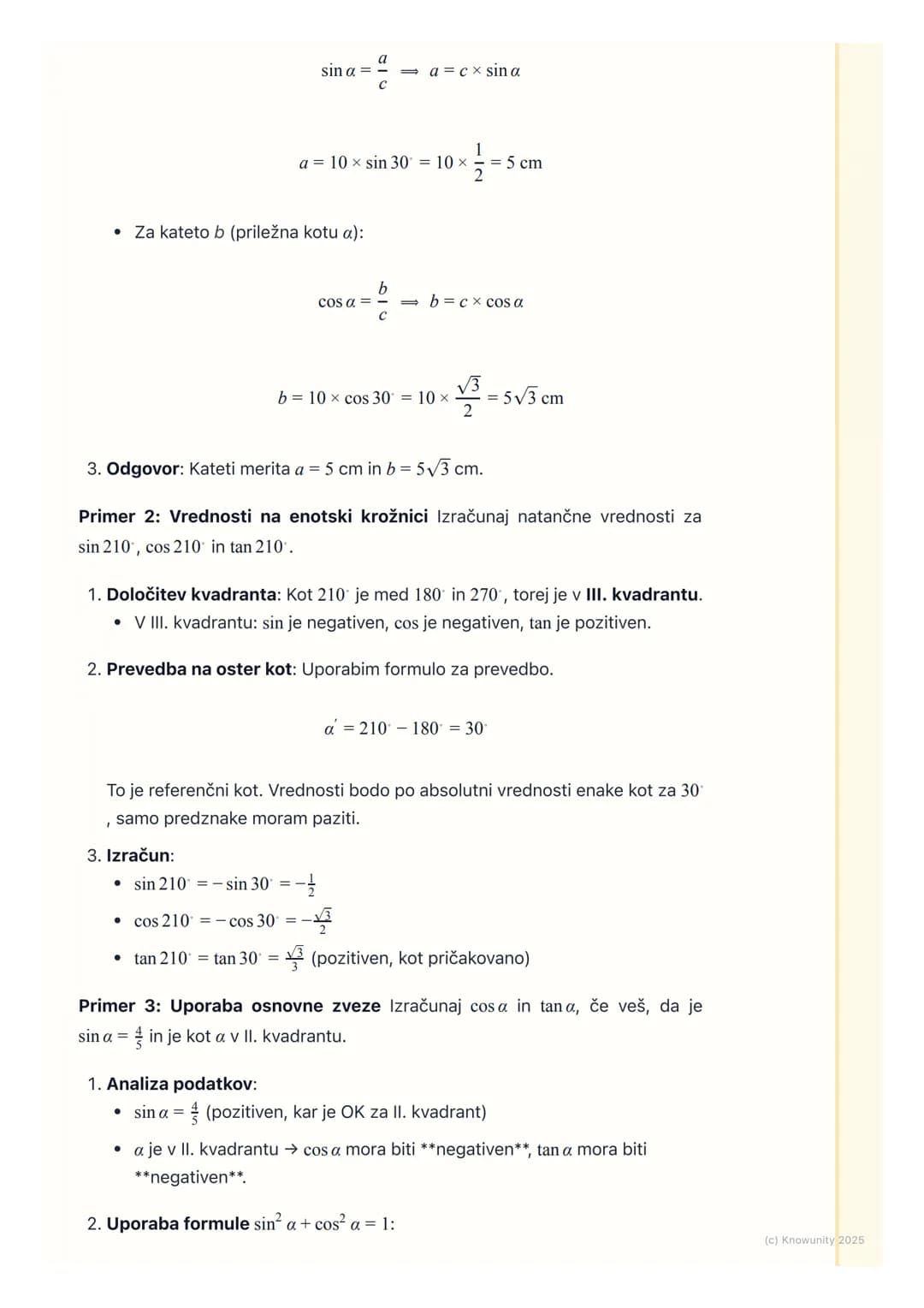 # Kotne funkcije v pravokotnem
trikotniku in na enotski
krožnici
Ponovitev kotnih funkcij v pravokotnem trikotniku
To je osnova, ki jo mor