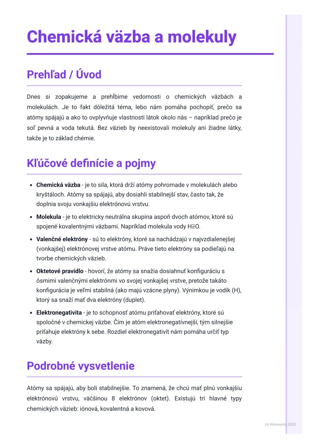 # Chemická väzba a molekuly
Prehľad / Úvod
Dnes si zopakujeme a prehĺbime vedomosti o chemických väzbách a
molekulách. Je to fakt dôležitá
