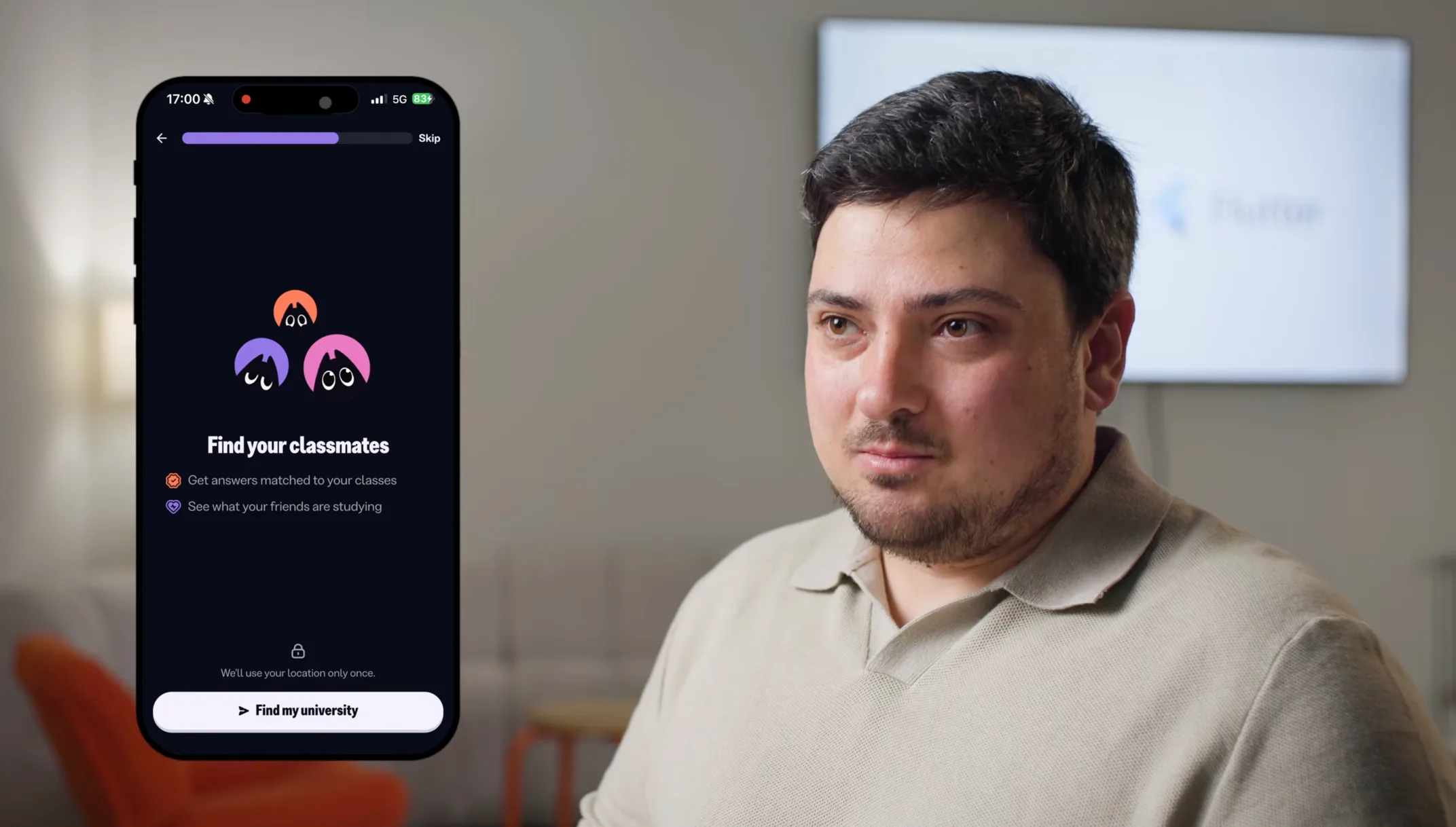 A Knowunity engineer in the interview, with the Find your classmates onboarding screen